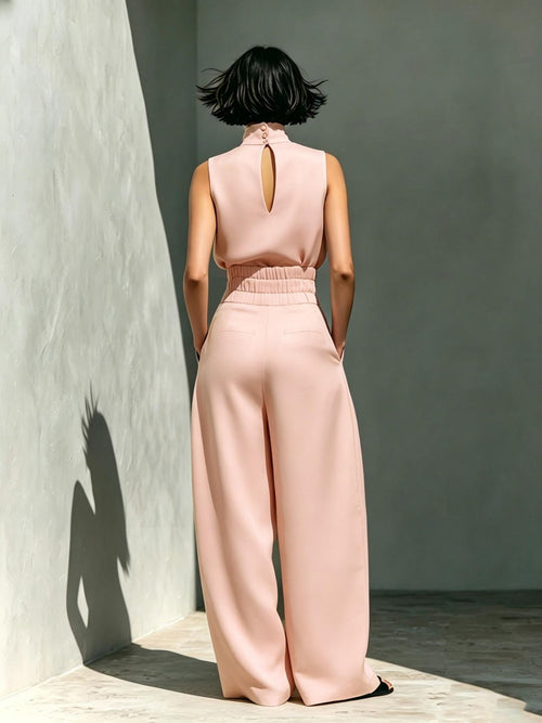 Elegant Linen Blend 2-Piece Set – Sleeveless Top & Wide Leg Pants