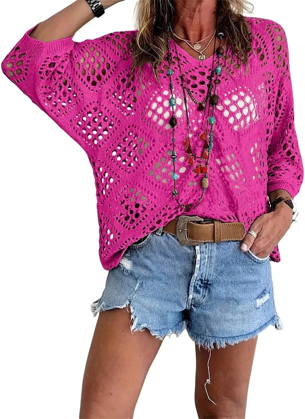 ❤️Womens Bohemian-Inspired Beige Crochet Top With V-Neck