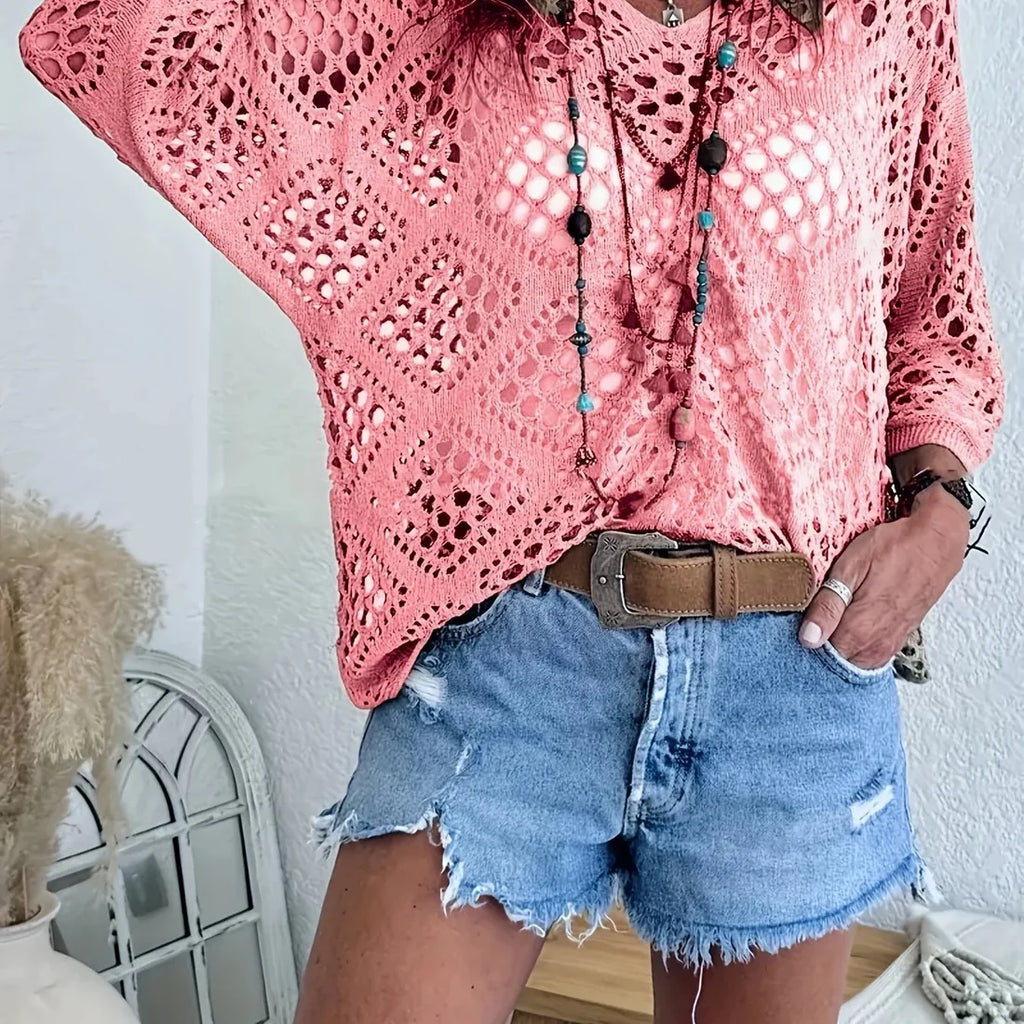 ❤️Womens Bohemian-Inspired Beige Crochet Top With V-Neck