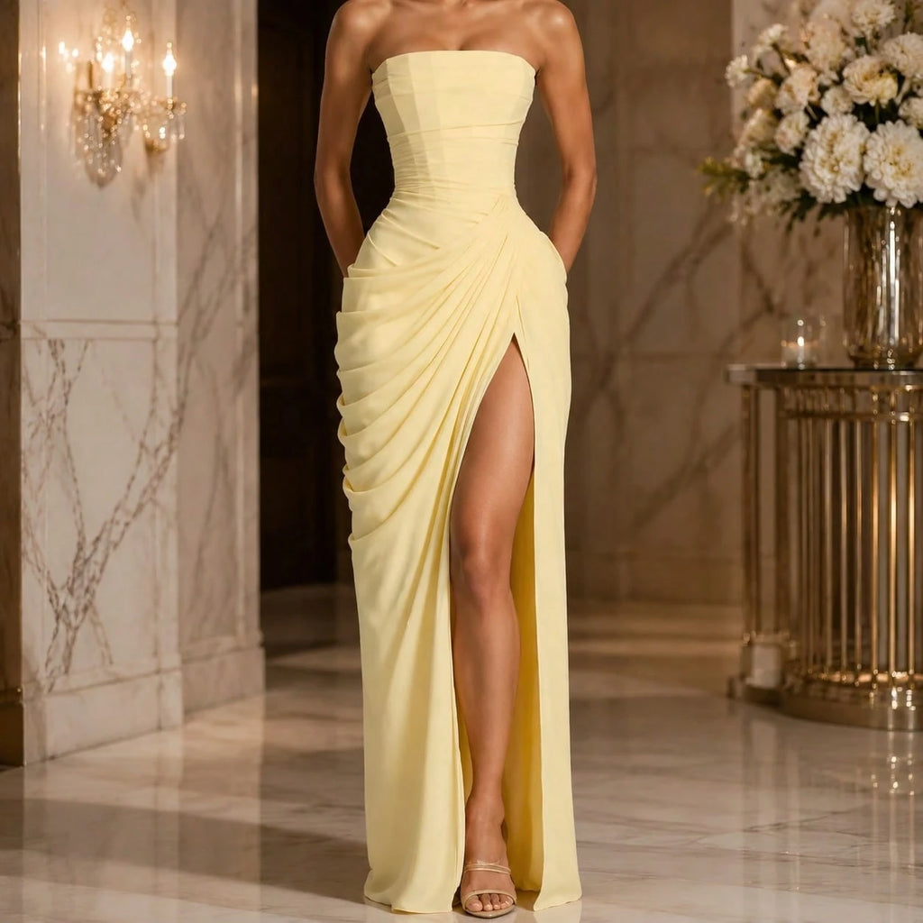 Strapless Ruched Draped Maxi Dress – Flattering Fit for All Sizes