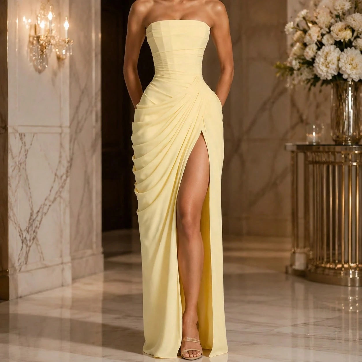 Strapless Ruched Draped Maxi Dress – Flattering Fit for All Sizes