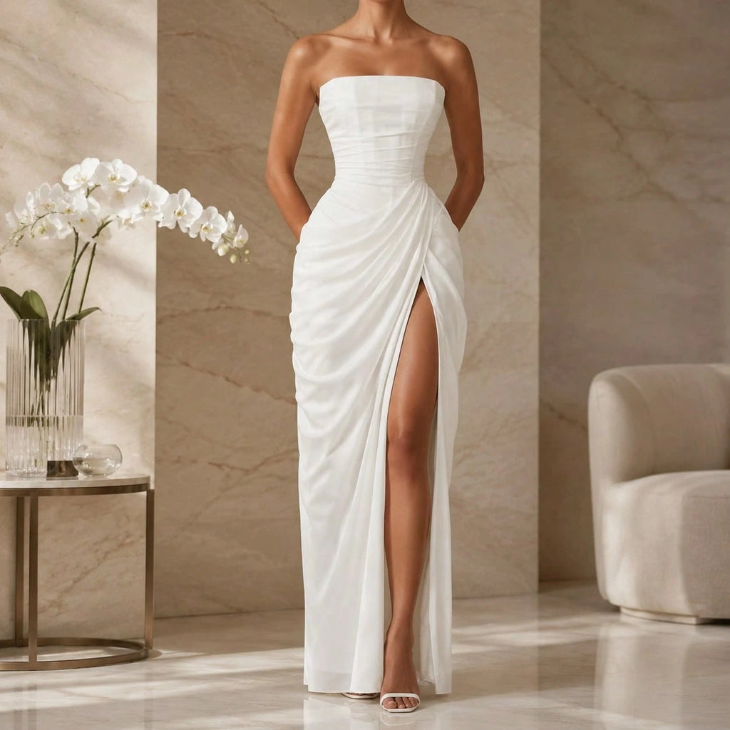 Strapless Ruched Draped Maxi Dress – Flattering Fit for All Sizes