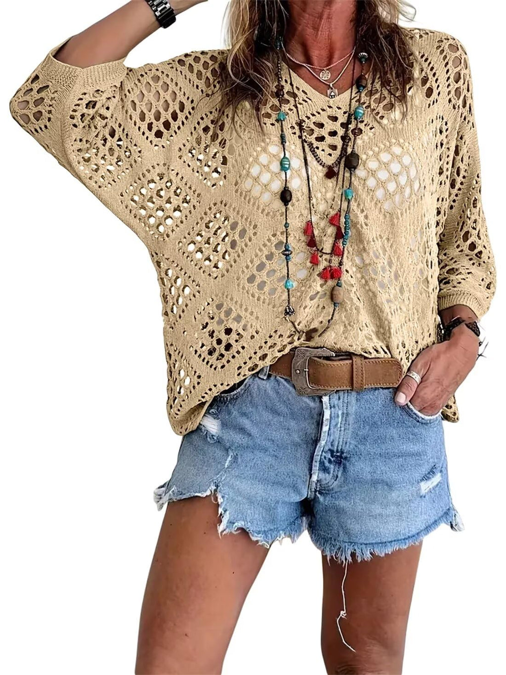 ❤️Womens Bohemian-Inspired Beige Crochet Top With V-Neck
