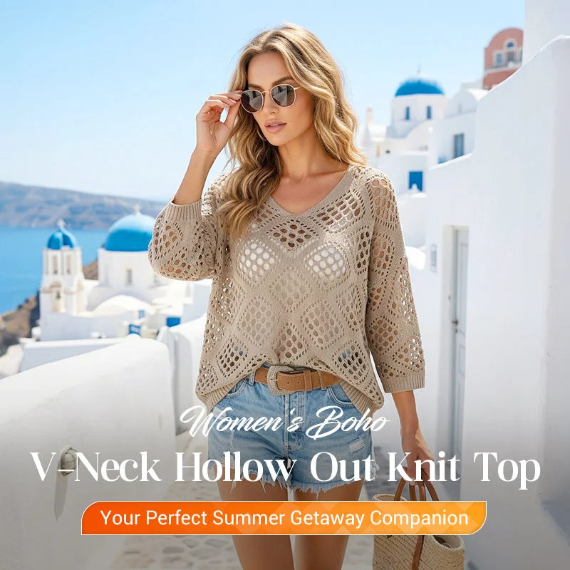 ❤️Womens Bohemian-Inspired Beige Crochet Top With V-Neck