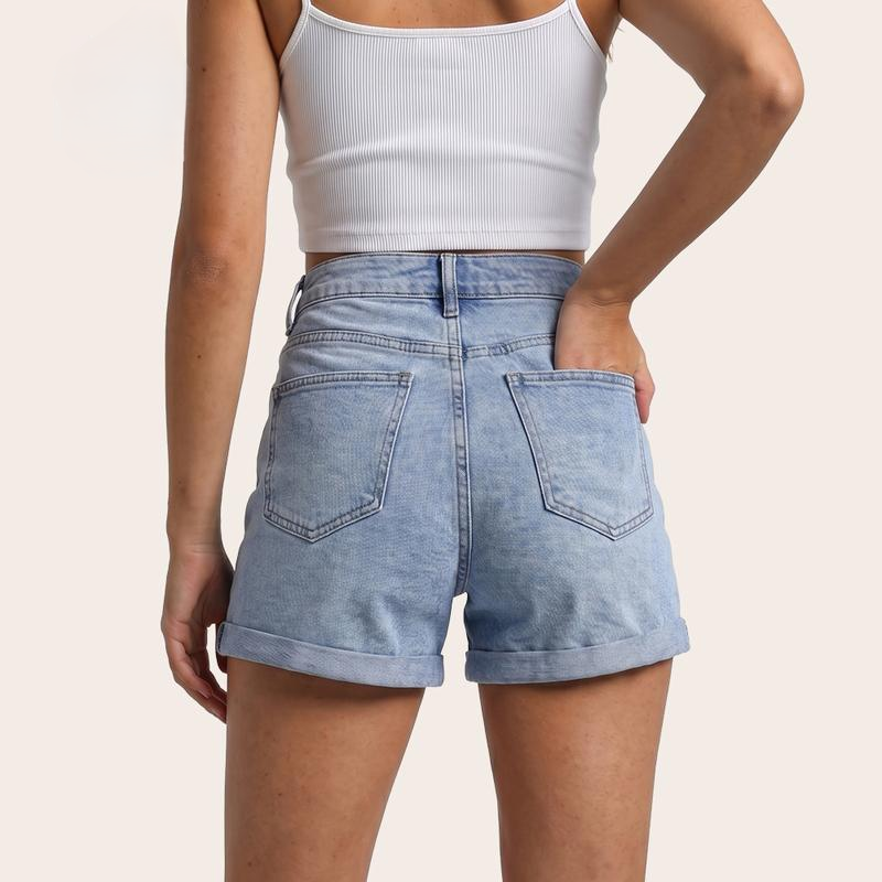 High Waisted Stretch Denim Shorts with Turn-Up Hem