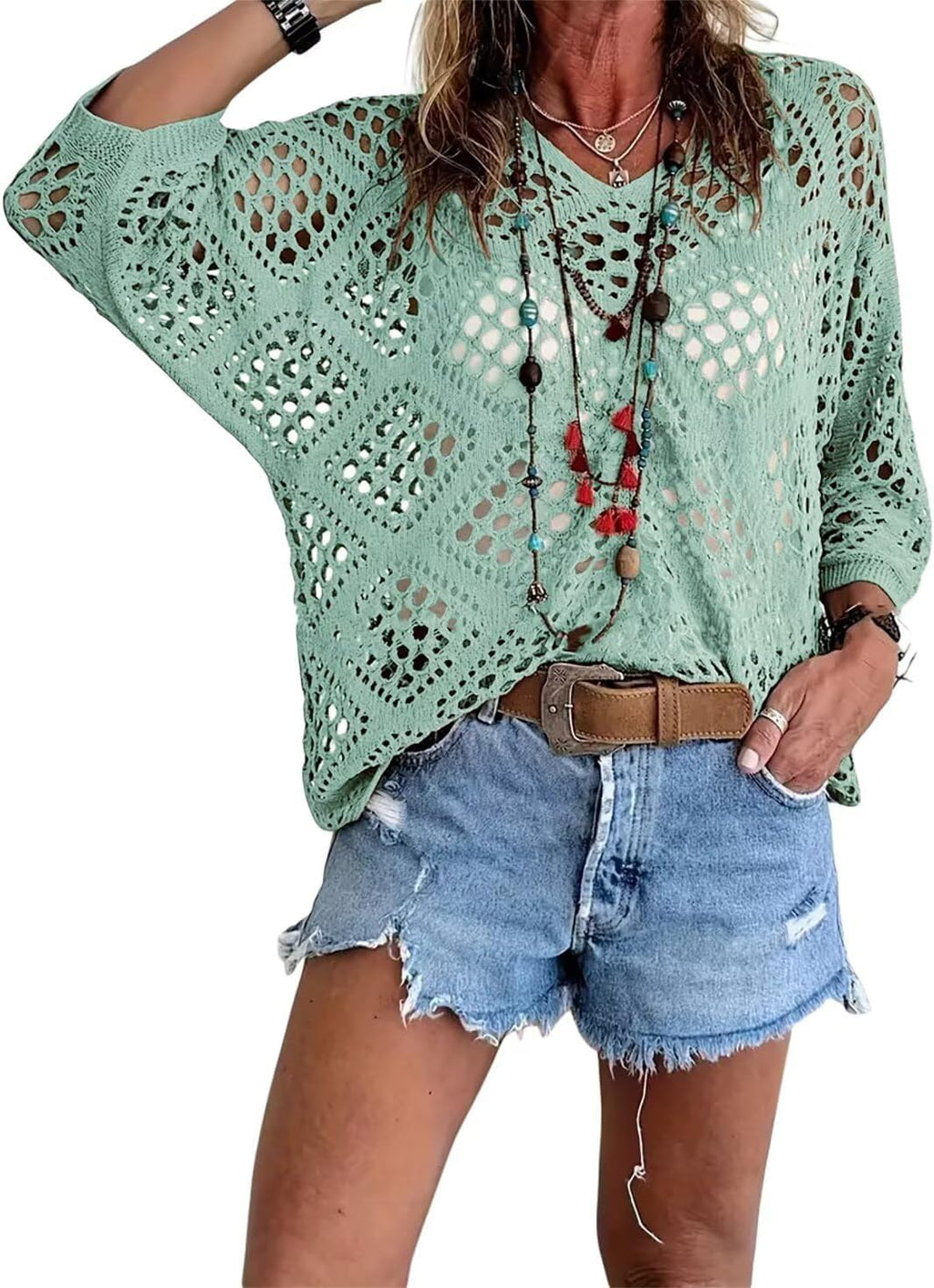 ❤️Womens Bohemian-Inspired Beige Crochet Top With V-Neck