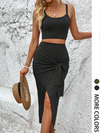 Women's Ribbed Crop Top & Wrap Split Skirt Set