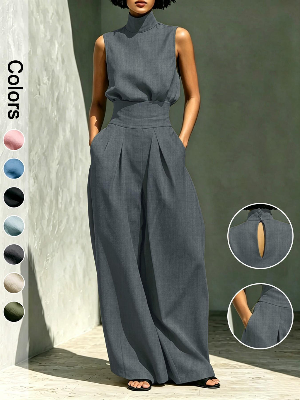 Elegant Linen Blend 2-Piece Set – Sleeveless Top & Wide Leg Pants