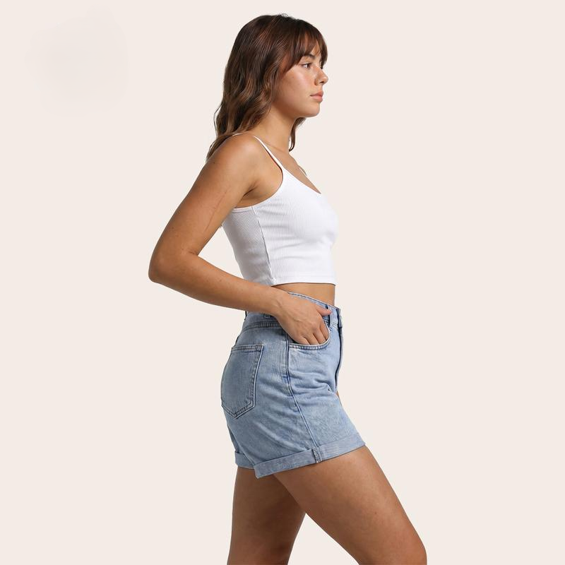 High Waisted Stretch Denim Shorts with Turn-Up Hem