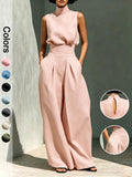 Elegant Linen Blend 2-Piece Set – Sleeveless Top & Wide Leg Pants