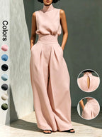 Elegant Linen Blend 2-Piece Set – Sleeveless Top & Wide Leg Pants