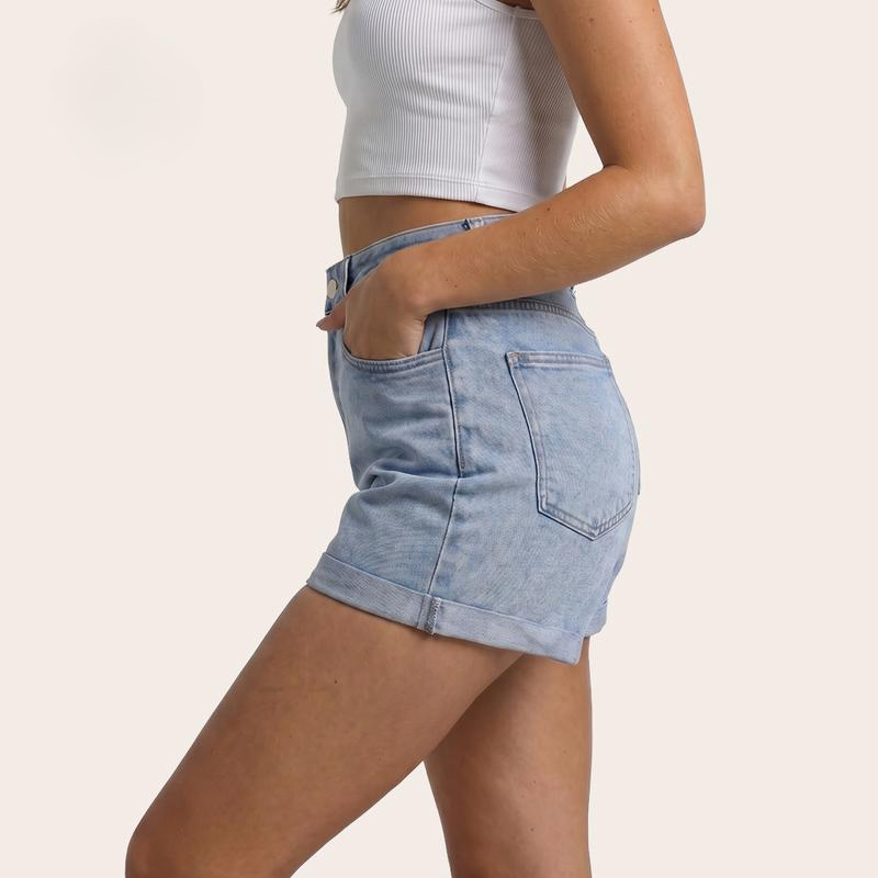 High Waisted Stretch Denim Shorts with Turn-Up Hem