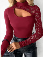 Women's Asymmetrical Cutout Lace Sleeve Top