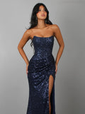 Navy Blue Formal Dress, Sequin and beaded Strapless corset, drop-waist fitted silhouette high leg slit