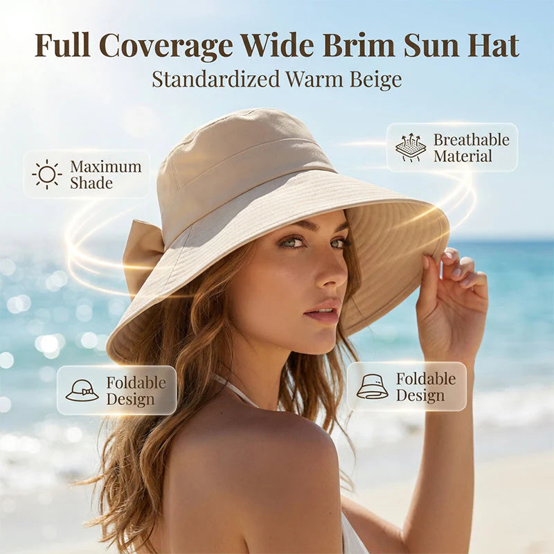 Women's sun hat with bow and wide brim – foldable, 360° protection