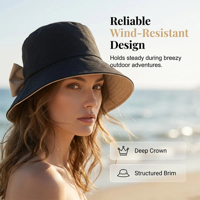 Women's sun hat with bow and wide brim – foldable, 360° protection