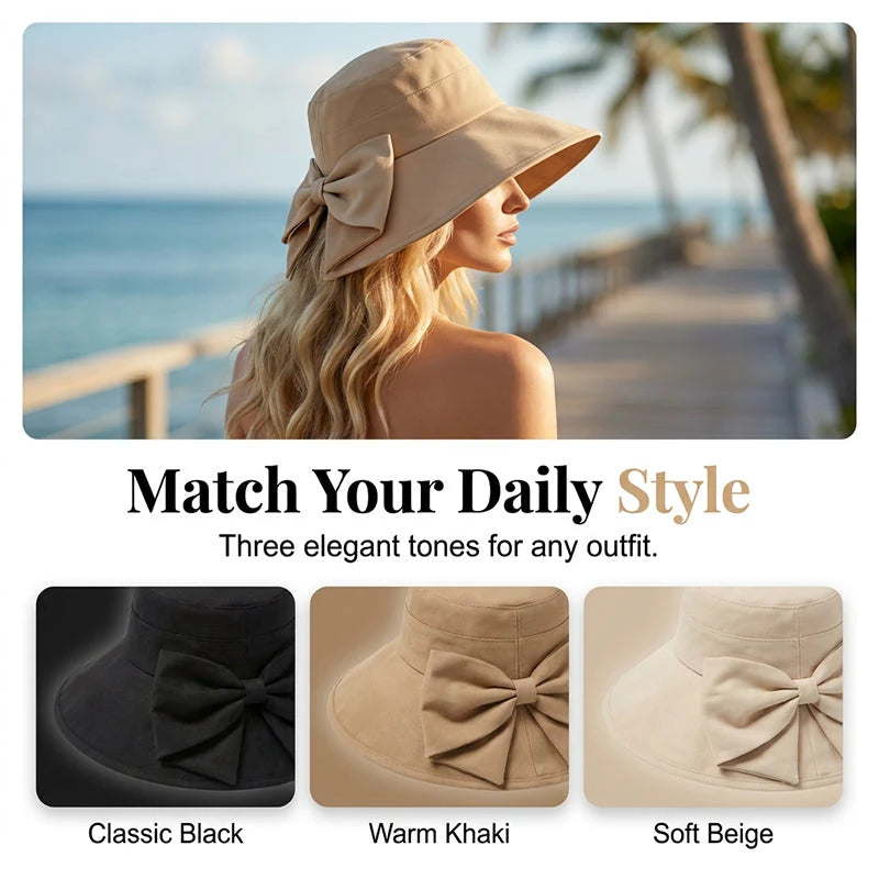 Women's sun hat with bow and wide brim – foldable, 360° protection