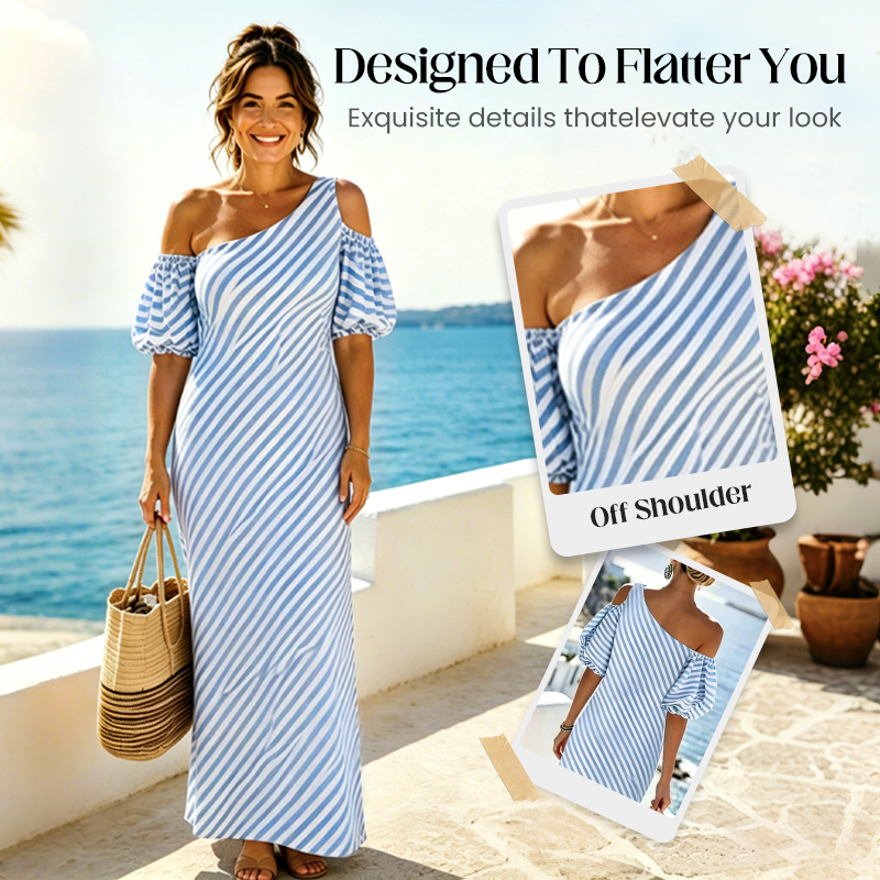 👗✨ Women's Striped Off Shoulder Dress – Elegant, Flowy, Summer Chic 🌊