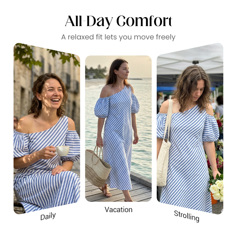 👗✨ Women's Striped Off Shoulder Dress – Elegant, Flowy, Summer Chic 🌊