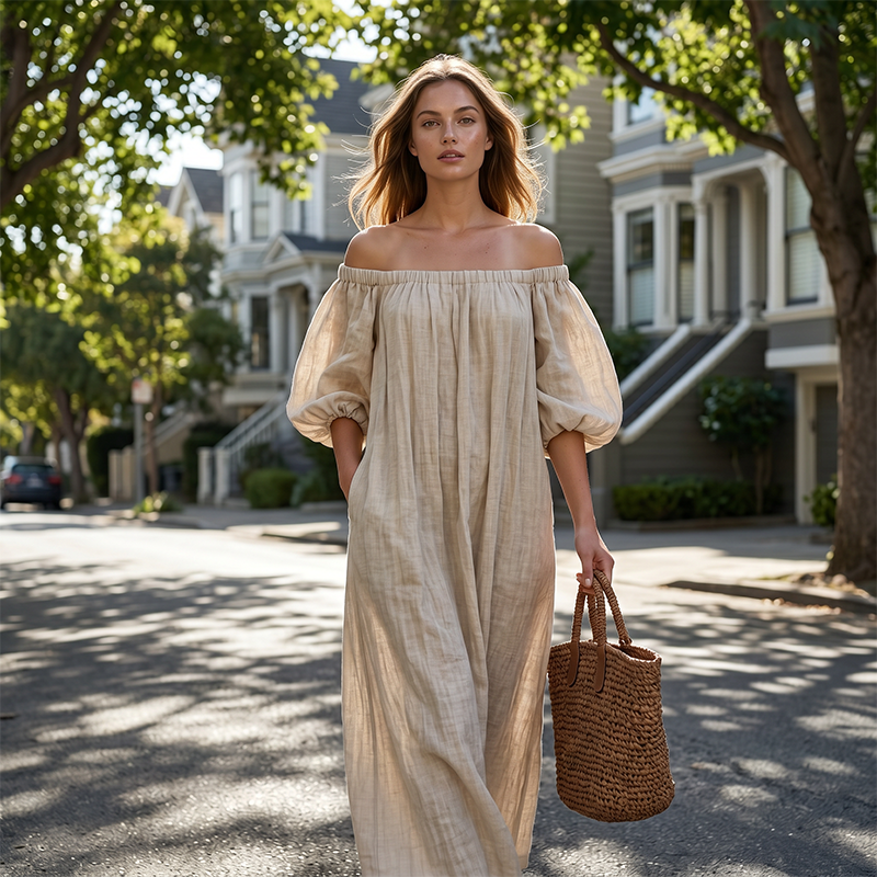 🌸 50% OFF NOW! 🌸Women's Off-Shoulder Maxi Dress Lantern Sleeve Dress