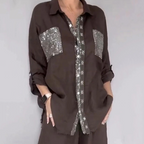 Women's Sequin Shirt & Wide-Leg Pants Set