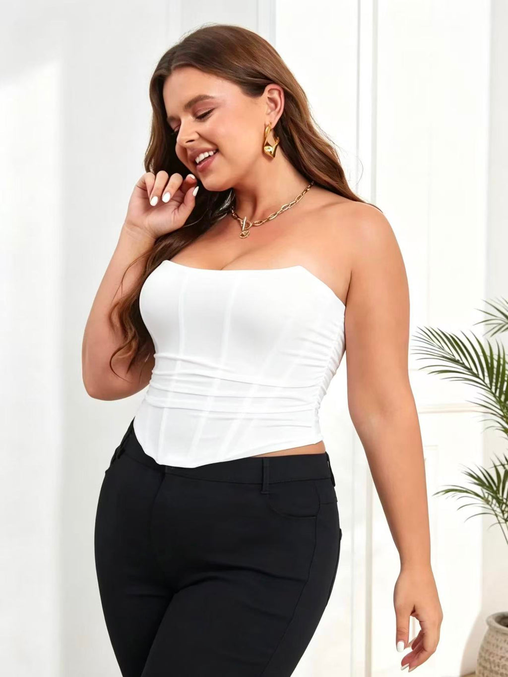 Plus Strapless Lace-Up Back Ruched Bandeau Corset Top
